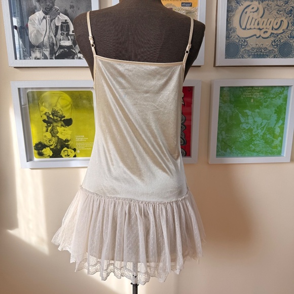 Vintage Champaign Satin Mini Slip Dress – Y2K Lace Ruffle Coquette - Picture 2 of 8